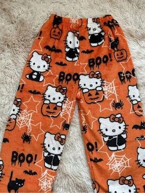 Hello Kitty Orange Halloween Fleece Pants with Black & White Accents